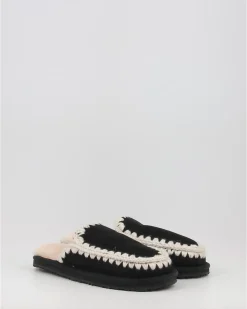 Zuecos Mou Suede Slipper Full Eskimo Stitch Negro